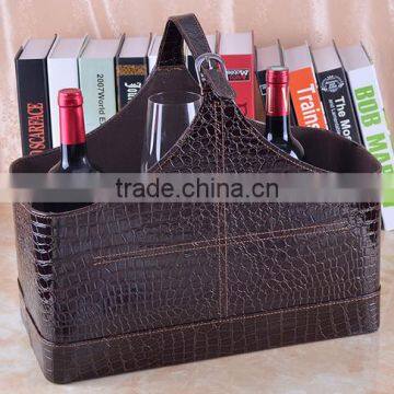 High Grade Crocodile Pattern Leather Magazine Clothing Wine Basket Holder for Storage, Leather Gift Basket photo-3