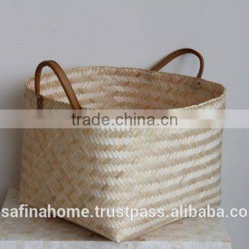 Set of 2 bamboo baskets with leather handles