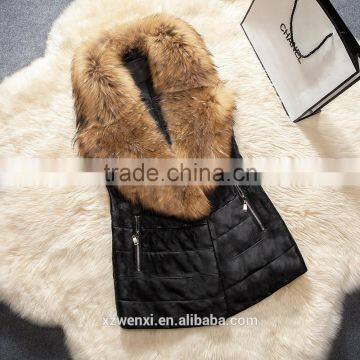 2016 Europe hot sale latest design winter sheep leather with faux fox fur collar vest fashion warm woman vest