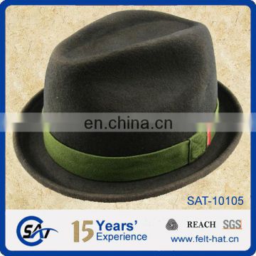 woolen green trilby hat with green ribbon, pure wool felt gentle hat