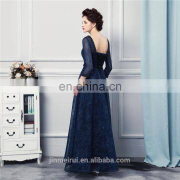 Navy Blue Long Bridesmaid Dresses High Quality Lace Floor Length 3/4 Long Sleeves Sheer Illussion Corset Brides Maid Vestidos De photo-4