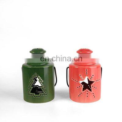 K&B wholesale christmas green red xmas led  candle ceramics lantern with metal handle