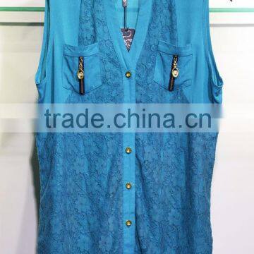 Sleeveless viscosa blouse V-neck laced shirt top with zipper pockets for women
