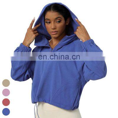 Drawstring Hem Yoga Jacket Loose Casual Running Coat Half Zipper Sports Jackets Long Sleeve Gym Fitness Hoody Women Yoga Jacket