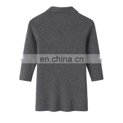 Ladies Pure Cashmere Pullover Spring Half-Sleeve Slim Fit Rib Knitted Polo Neck Sweater Turn-Down Collar Button Casual photo-2