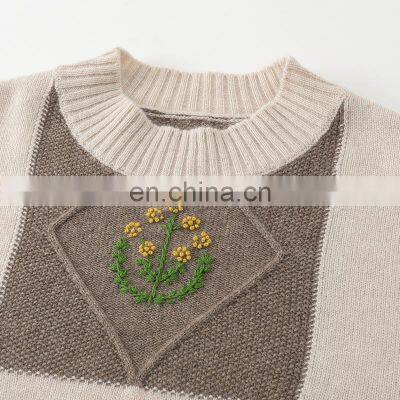 Winter Casual Crew Neck Pullover 100% Cashmere Sweater With Plaid Pattern and Floral Embroidery