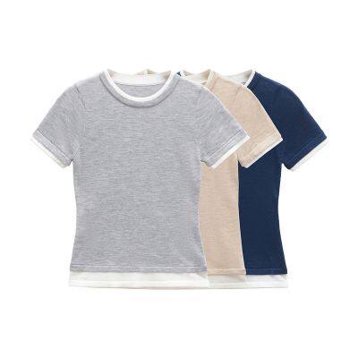 Novo T-shirt de verão 2025 de manga curta, regata feminina de gola redonda retrô, blusa solta com design feminino