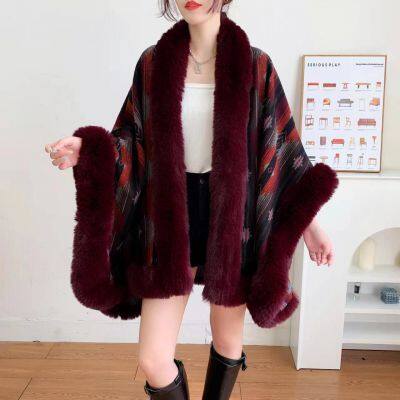 Autumn and Winter Large Loose Imitation Rex Rabbit Fur Collar Slit Design Knitted Fur Cape Warm Cloak photo-2
