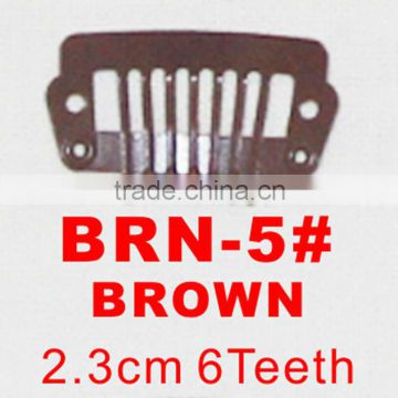 BRN-5# Retail and wholesale 23mm long Brown color straight 6 teeth easy snap clips for tensions wigs wefts weavings