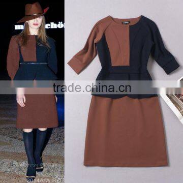 High-end 2014 best sale branded knitted european style fashion 3/4 sleeve contrast color trendy urban lady dresses W18102