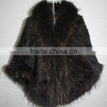 QD6241 Knitting Mink Fur Shawl with Raccoon Dog Fur Collar