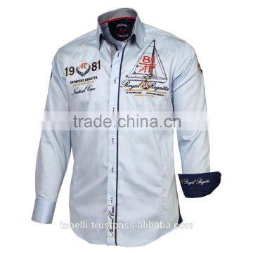 Elegant long sleeve satin slim fit light blue pure cotton embroidered shirts for men
