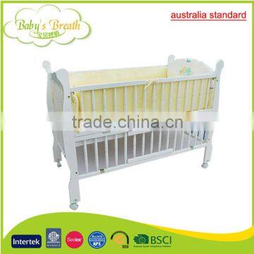 WBC-01B australia standard solid wood softextile baby crib attacged bed with anti-skid casters