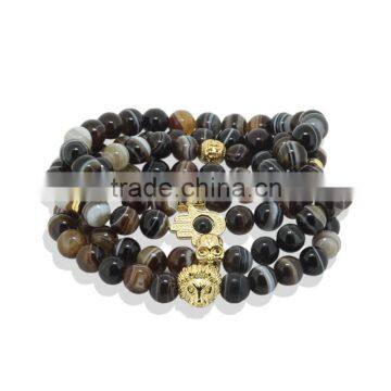 KJL-ST0033 real 24K gold 8mm brown white agate round stone 8mm bead men bracelet beaded 24k gold skull head women bracelet