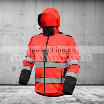 2015 new design high visibility waterproof & breathable hooded softshell jacket