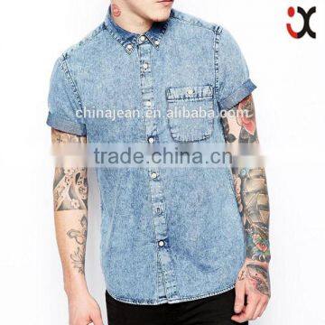 fashion hot sale light blue acid washed denim short shirts JXF060