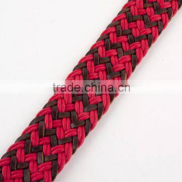 Brown Leather Red Cotton Mesh Weave Belt photo-3