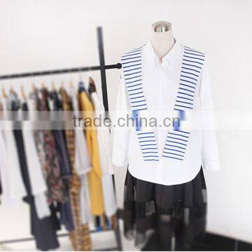 2016 Ladies New Design Fashion Top Blue White Striped Patchwork Knit Tie Neck Poplin Long Sleeve Latest Shirt Designs For Women