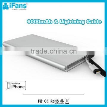 Ultra Slim Aluminium Unique Power Bank MFI Certificated 6000mAh Built in Original 8 PIN Cable