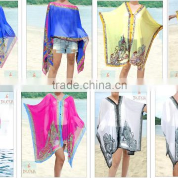 THAI CHIFFON beach COVER UP 3 WOODEN BUTTON HANDMADE HIPPIE BOHO 3-button wood vest muti-wear pareo shawl scarf THAI art