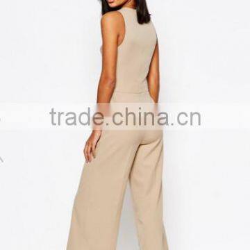 China Women Clothes Factory Manufacturer Beige Wrap Waist Designer Jumpsuit for Lady photo-2