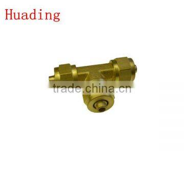 brass marterial ,T type air hose connector with hex nuts ,for pe,pu nylon hose