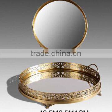 Unique Design Brass Round Tray With Mirror, Hand Engraved Bronze Serving Tea Tray Mouthed With Leaves Edge photo-5