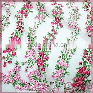 Multicolor embroidery design organza fabric, shining polyester floral embroidered organza fabric