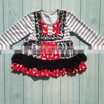 Christmas red deer print grey stripe sleeves black lace ruffle Christmas winter dress