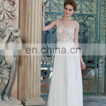 ED Fashion V Neck See Through Back Beaded Appliqued Long Chiffon Wedding Dress