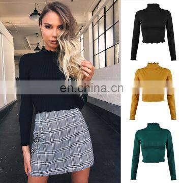 2020 Turtleneck Solid Color Long-sleeved Wholesale New Arrival Fashion Knitted Basic Crop Top