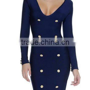 Summer Dress 2016 New Fashion Women Navy Long Sleeve V Neck Evening Bandage Dress Bandage Bodycon Women Wearing