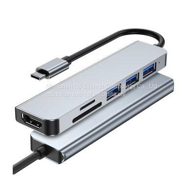 Aluminum 6 In 1 USB Hub HDMI*1+USB3 .0*1+USB 2.0*2+micro SD*1+SD*1