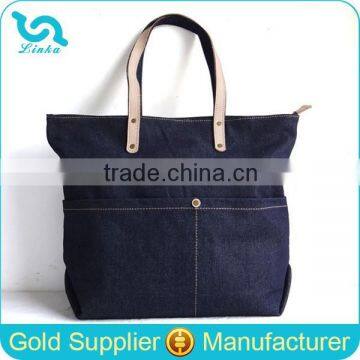 High Quality Navy Denim Bag Denim Tote Bag With Leather Trim