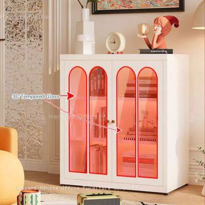 Nordic Style Reeded Glass Display Sideboard Tall White Bookcase With Adjustable Boards for Kitchen and Dining