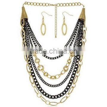 Black & Goldtone Multi Layered Chains with Matching Earrings Jewelry Set