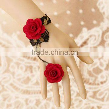 Women Fashion Red Rose Lace Flower Bracelet With Ring