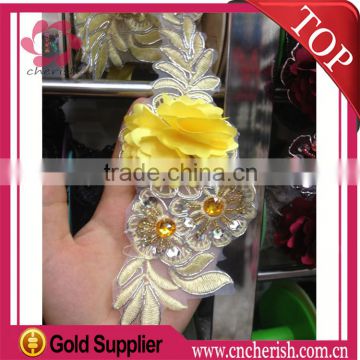 Guangzhou fashion accessory glitter chiffon flower triming yellow lace trimming for women                        
                                                Quality Choice