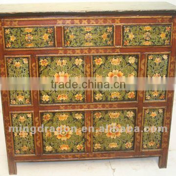 Chinese antique furniture green colorful pine wood Three Drawer Four Door Tibet Cabinet