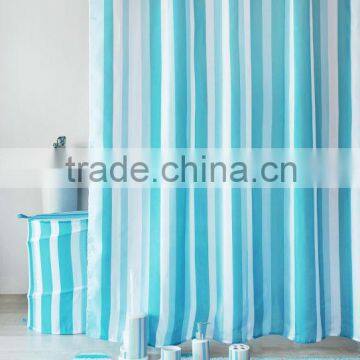 Stripe design shower curtain with bathroom door mat and ceramic bath accessories set