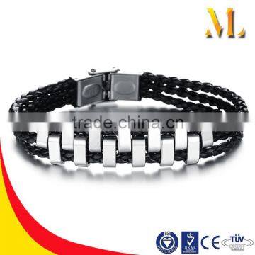 NSSL141 Three Leather Ropes Tooth Stainless Steel Leather Bracelet
