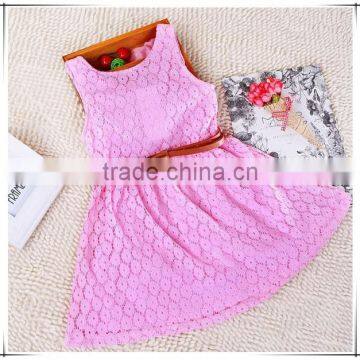 Hot Sale With Belts 2015 Summer New Models Kids Belt Lace Vest Dress Princess Girls Dress Red~White Dresses Girl Fast Shipping