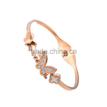 New Fashion Jewelry Stainless Steel Rose Gold Crystal Butterfly Clover Bangle Bracelets