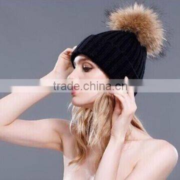 2016/2017 High Quality Winter Knitted Colorful Wool Beanie Hats with Raccoon Fur Pom poms