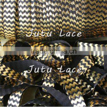 New fashion foil golden metallic printing elastic hair bands by yards- custom chevron 5/8'' foe