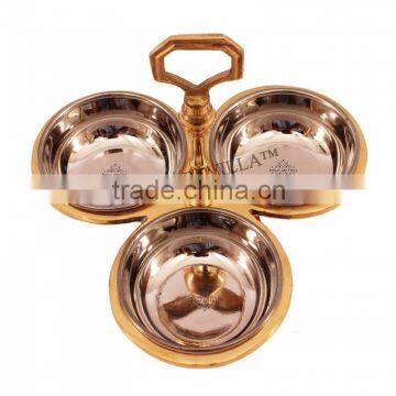 Indian Art Villa Steel Copper 3 Bowl Compartment Pickle Dish SERVING Restaurant Ware Hotel Home USe