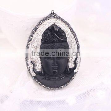 Natural Obsidian Gem Stone Pendant, Guanyin / Mother Buddha Pendant, With Crystal Paved Druzy Pendant photo-4