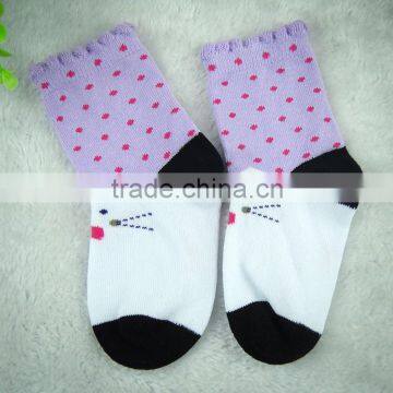 cotton baby sock with white and purple color ,wholesale children sock,cute cat