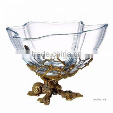 Ornamental Crystal Compote With Wave Edge, Unique Crystal Fruit Bowl Inlaid Bronze Casting Conch & Flower Vine Edge