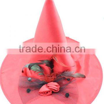 Halloween party red witch hat with flower and feather